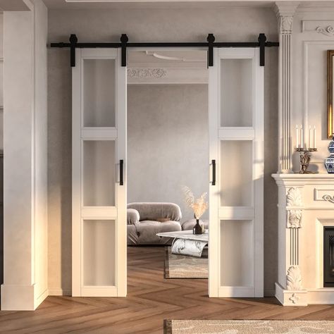 Win Stellar Glass Barn Door with Installation Hardware Kit & Reviews | Wayfair Frosted Glass Barn Door, Glass Barn Door, Barn Door Ideas, Office Doors, White Barn Door, Small Apartment Ideas, Wood Barn Door, Glass Barn Doors, Double Barn Doors