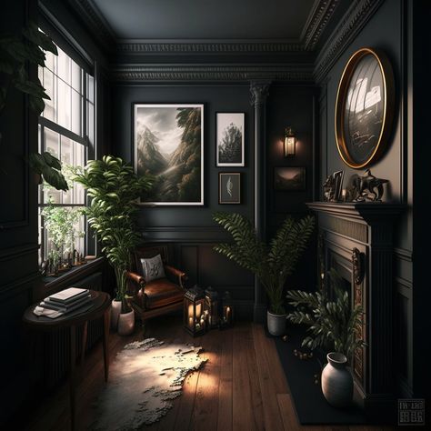 A dark academia room featuring vintage aesthetics, rich colors, and antique-inspired decor, creating an intellectual ambiance with an elegant touch. Academia Interior Design, Dark Academia House, Dark Academia Living Room, Academia Interior, Academia House, Dark Academia Interior, Dark Academia Home, Dark Academia Room, Academia Room