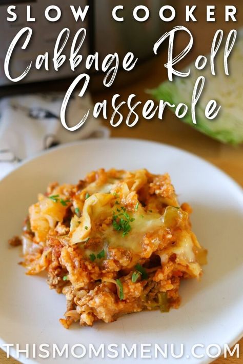 Slow Cooker Cabbage Roll Casserole - This Mom's Menu Lazy Cabbage Roll Casserole, Basic Pasta Sauce, Cabbage And Rice, Slow Cooker Cabbage, Slow Cooker Cabbage Rolls, Lazy Cabbage Rolls, Raw Cabbage, Cabbage Roll Casserole, Vegan Ground Beef