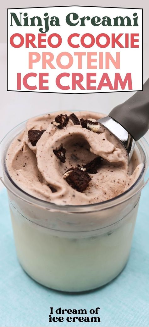 This Ninja Creami cookies and cream protein ice cream is a high protein recipe that uses Oreo cookies to create a delicious dessert! It's super easy to make! Oreo Protein Shake, Cookies And Cream Protein, Chocolate Frozen Yogurt, High Protein Recipe, Ninja Ice Cream Recipe, Protein Ice Cream Recipe, Cookies And Cream Ice Cream, Protein Ice Cream Recipes, High Protein Cookies