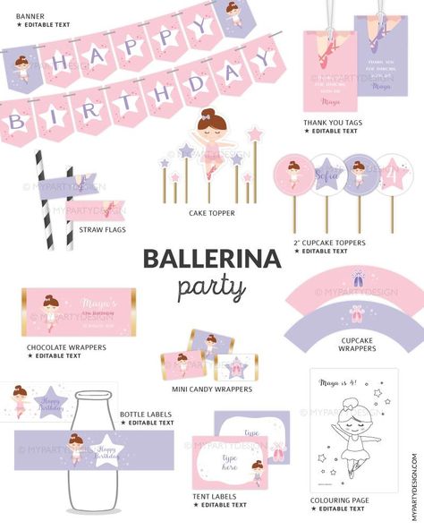 - invitations, cupcake toppers, thank you cards, and more. Customize with your dancer's name and#birthdayfont #happybirthday #fontdesign #celebration #birthdaywishes Ballet Birthday Party Decorations, Ballerina Party Food, Ballerina Themed Birthday Party, Ballerina Birthday Party Decorations, Ballerina Party Theme, Ballerina Printable, Ballerina Party Decorations, Swan Party, Ballerina Theme