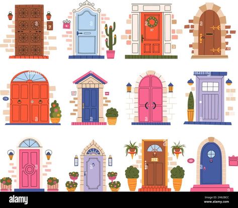 House Doodle, Cartoon House, Building Illustration, Wooden Front Doors, House Front Door, House Illustration, House Drawing, Painting Art Projects, House Entrance