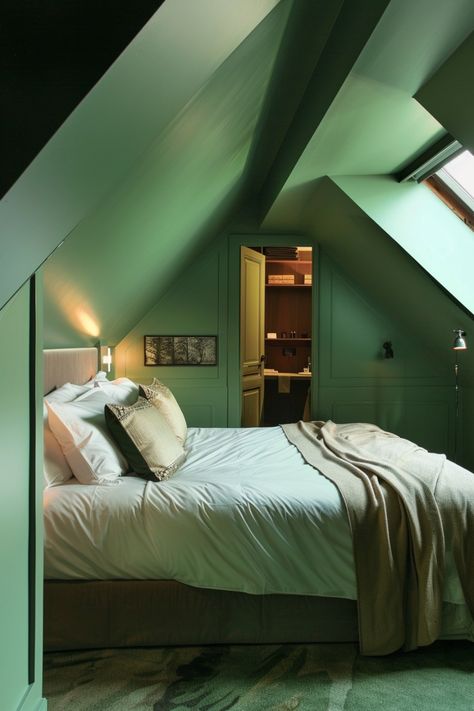 Cozy attic bedroom with green walls, a skylight, and a neatly made bed. Bedroom Grey Carpet, Green Bedroom Inspirations, Green Bedroom Decor Ideas, Dark Green Bedroom Ideas, Green Bedroom Paint, Dark Green Bedroom, Green Bookshelves, Mood Dark, Green Nightstands