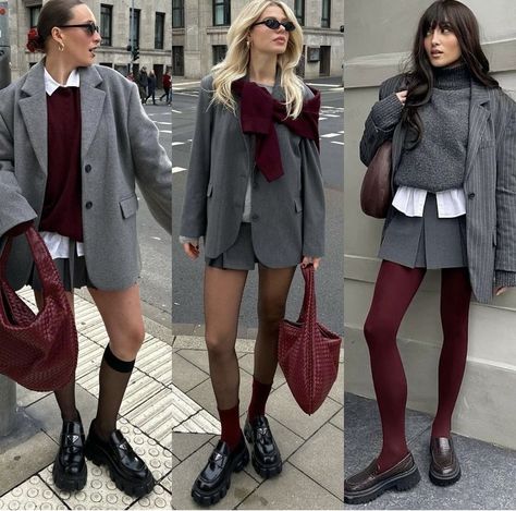 Bordo Dress Outfit, Morning Winter Outfit, Navy And Burgundy Outfit, Bordo Outfit, Burgundy Fits, Bordeaux Outfit, Red Tights Outfit, Fall Autumn Outfits, Red Top Outfit