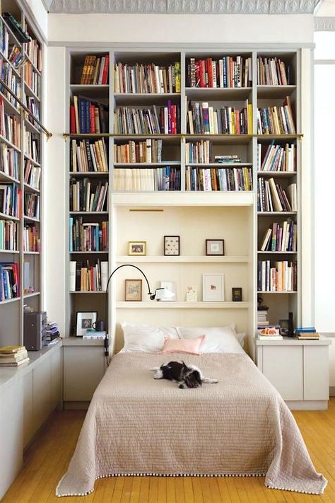 Creating A Chic, Cosy Home Library-Best Colors, Lighting and Furniture Bookshelves Ideas For Bedroom, Bookish Bedroom, Book Lovers Bedroom, Small White Bedrooms, Bed Setup, Murphy Bed Ikea, Shelf Decor Bedroom, Bookshelves In Bedroom, White Bedroom Decor