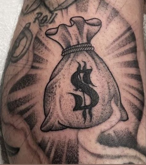 Money Bag Tattoo Design, Cholo Tattoos, Scarface Tattoo Design, Prison Style Tattoos, 1997 Tattoo, Money Bag Tattoo, Dollar Tattoo, Bag Tattoo, Tattoo Lettering Design