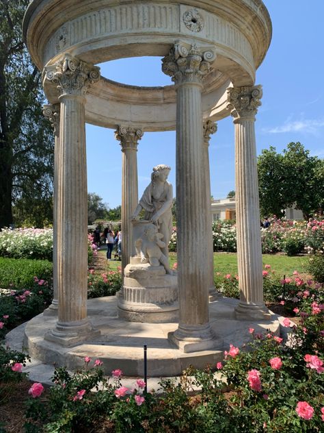 Greek Fountain Gardens, Greek Flowers Aesthetic, Greek Style Backyard, Greek Gazebo, Greek Landscaping, Greek Garden Aesthetic, Greek Garden Ideas, Greek Architecture Aesthetic, Aphrodite Temple