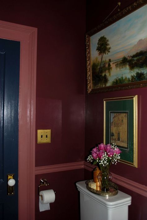 Paint color trends for 2022 - Benjamin Moore (Hale Navy, New London Burgundy, Somerville Red) 

Using trending paint colors for modern Victorian bathroom with brass accents, Wedgwood, vintage mirrored tray, porcelain door knob, oil painting of landscape, pink roses, DIY print mat.

Bathroom inspiration New London Burgundy, Beige Room Decor, Modern Victorian Bathroom, Burgundy Bathroom, Moody Bathroom, Vintage Inspired Bathroom, Colorful Trim, Guest Bathroom Renovation, Beige Room