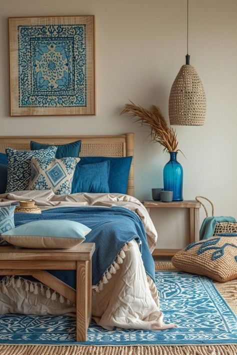 Blue Boho Bedroom Ideas, Blue Boho Bedroom, Bedroom Schemes, Boho Bedroom Ideas, Bright Decor, Neutral Room, Bohemian Aesthetic, Simple Room, Bedroom Boho