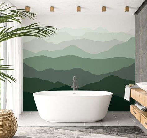 Scandinavian Painting, Peel And Stick Mural, Mountain Wall Mural, Abstract Mountains, Drawing Wall, Room Girls, Abstract Drawing, Green And Gray, Removable Wall Decals