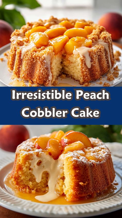 Treat yourself to an irresistible peach cobbler cake that captures the essence of summer in every bite. This peach cobbler pound cake features a tender, moist crumb loaded with ripe peaches, making it an ideal dessert for family gatherings or casual get-togethers. Easy to make and bursting with flavor, this cake is perfect served warm with a drizzle of cream, or chilled with fresh fruit on the side. Make this delightful treat a staple in your dessert repertoire! Moist Pound Cake Recipes, Pound Cake Ideas, Peach Cobbler Pound Cake Recipe, Bundt Pound Cake, Peach Cobbler Pound Cake, Peach Cobbler Cake, Pound Cakes Recipes, Cobbler Cake, Boozy Cakes