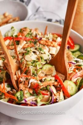 Classic Chicken Salad - Spend With Pennies Cabbage Wontons, Chinese Chicken Salad Dressing, Asian Chicken Salad Recipe, Chinese Dressing, Chinese Salad, Chicken Salad Dressing, Asian Chopped Salad, Chinese Chicken Salad Recipe, Salad Add Ins