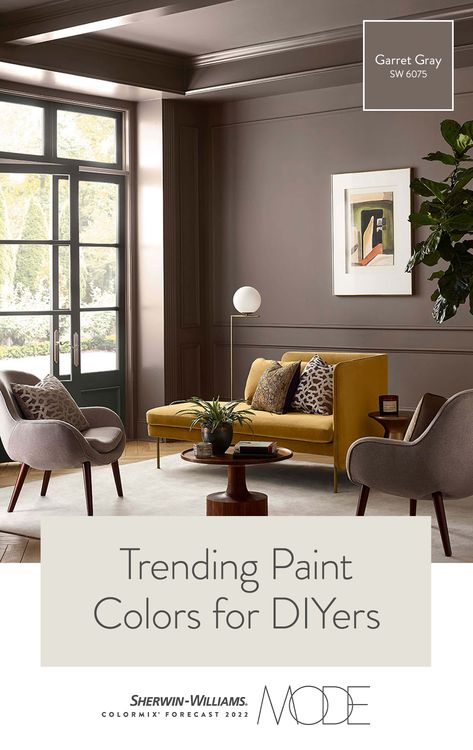 Are you a DIYer who wants to choose on-trend colors for your next painting project? Tap this pin to learn all about the Sherwin-Williams 2022 Colormix® Forecast featuring 40 unique colors across four distinct palettes, then get tips from our Director of Color Marketing, Sue Wadden, on how to use these hues in your home. #sherwinwilliams #colormixforecast #color #diy #design #paint #painting Sherwin Williams Settlement Paint, Sepia Paint Color, Sherwin Williams Dusted Truffle, Sherwin Williams Garret Gray, Best Paint Color For Small Living Room, Sherwin Williams Room Colors, Sherwin Williams Socialite, Socialite Sherwin Williams, Castlegate Sherwin Williams