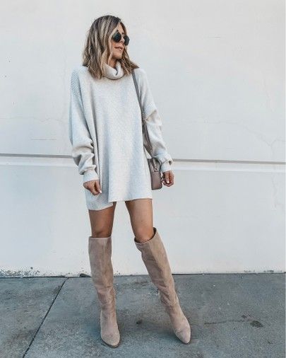 Wrap Dress With Tall Boots, Baggy Sweater Dress, Sweater Dress With Over The Knee Boots, Sweater Dress And Tall Boots, Oversized Sweater Dress With Boots, Knee High Boots Sweater Dress, Over The Knee Boots With Dress, Sweater Dress Tights And Boots, Oversized Beige Sweater Dress For Spring