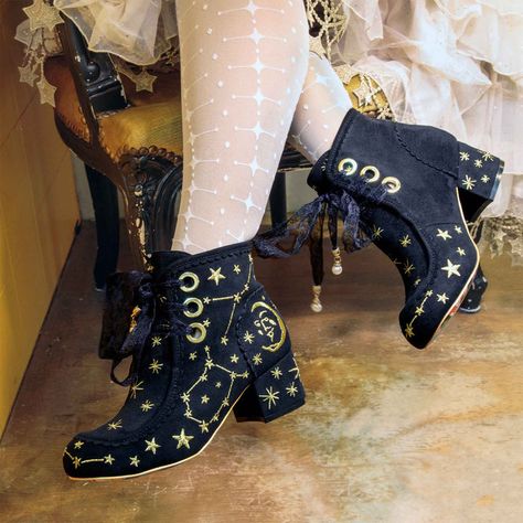 Irregular Choice Galaxy Embroidered Black Lace Up Ankle Boots With Zodiac Constellations | Alpha Centauri Black Lace Up Ankle Boots, Alpha Centauri, Heeled Lace Up Boots, Irregular Choice Shoes, Purse Scarf, Black Block Heels, Irregular Choice, Moon And Sun, Exclusive Shoes