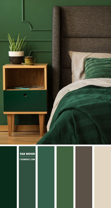 Green Accent Wall Bedroom Paint Color, Shades Of Green Paint Bedroom, Room Color Schemes Green, Dark Green Bedroom Palette, Shades Of Green Bedroom Ideas, Shade Of Green Palette, Green Bedrooms Color Schemes, Grey And Dark Green Bedroom, Emerald And Grey Bedroom