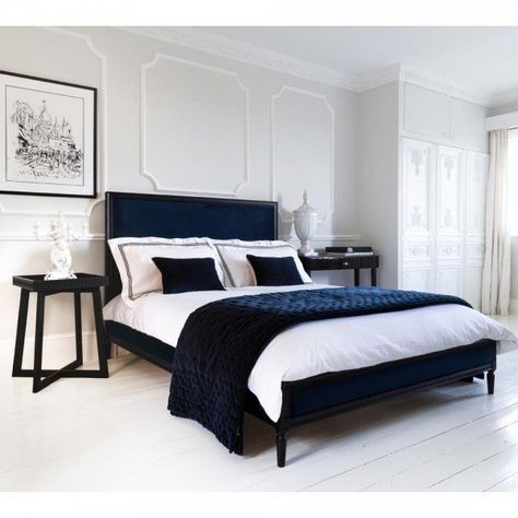 Wood And Upholstered Bed, Navy Bedrooms, Velvet Upholstered Bed, Bed Linen Design, French Bedroom, Bedding Ideas, Velvet Bed, Bed Linens Luxury, Bed Linen Sets