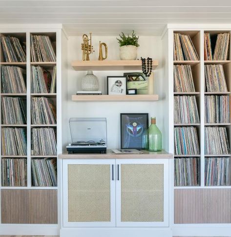 Waterside Retreats | 2023 | HGTV Decorative Floating Shelves, White Coastal Bedroom, Music Den, Guitar Storage, Den Library, Vinyl Room, Striped Tile, Record Room, Collection Storage