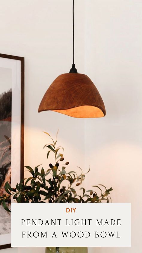 DIY Pendant Light Made From Wood Bowl Thrift Flip Light Makeover Wood Lamp Shade Diy, Diy Rustic Pendant Light, Diy Pendant Lamp Shade Ideas, Hanging Light Shade Diy, Hanging Wood Lamp, Diy Ceramic Lampshade, Diy Kitchen Pendant Lights, Diy Wooden Pendant Light, Pendant Light Diy Hanging