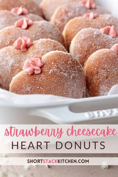 You will fall in love with these homemade Strawberry Cheesecake Donuts! Light and fluffy heart-shaped brioche donuts that are fried, coated in sugar and filled with an irresistible strawberry cheesecake cream! Strawberry Cream Cheese Donut, Cheesecake Filled Donut, Valentines Donuts Recipe, Yeasted Donut Recipe, The Best Donut Recipes, Cute Pastries Recipes, Churro Cheesecake Donut Cookies, Bakery Food Ideas, Gourmet Donuts Ideas