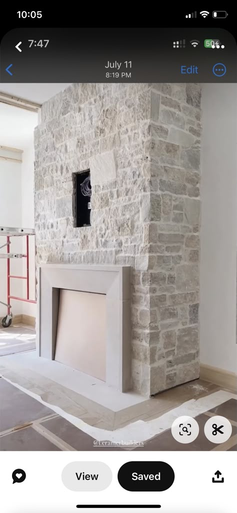 Fireplace With Natural Stone, Modern Rustic Fireplace Stone, Overgrouted Stone Fireplace Farmhouse, Faux Rock Fireplace Farmhouse, Stone Fireplace With Gas Insert, Modern Stacked Stone Fireplace, Gas Fireplace With Mantel, Curved Stone Fireplace, Stone And Stucco Fireplace