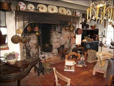 Keeping Room Off Kitchen With Fireplace, Keeping Room Off Kitchen, 1800s Kitchen, Cooking Hearth, Room Off Kitchen, Log Cabin Furniture, Victorian Living Room, Primitive Walls, Primitive Homes