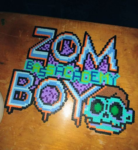 Zomboy perler. Huge zomboy perler. Bass academy. #zomboy #perler #kandi made this one for zomboy bass academy 2018. My biggest one yet. My own design. Rave Candy, Rave Style, Hamma Beads Ideas, Perler Bead Templates, Kandi Patterns, Perler Beads Designs, Perler Bead Art, Perler Patterns, Perler Bead Patterns