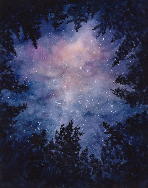 Beauty Of Space, Watercolor Night Sky, Night Sky Art, Starry Night Painting, Night Sky Painting, Watercolor Galaxy, Night Landscape, Galaxy Painting, Sky Painting