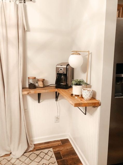 Coffe Corners Ideas Bedroom, Home Office Coffee Station Small Spaces, Diy Coffee Nook Small Spaces, Small Coffee Nook In Bedroom, Coffee Room Ideas Small Spaces, Small Coffee Bar Corner, Simple Small Coffee Bar, Small Coffee Corner In Bedroom, Small Dining Room Coffee Bar