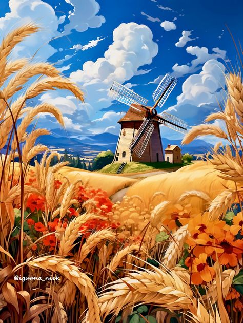 Windmill Clipart, Windmill Illustration, Windmill Painting, Fantasy Artwork Landscape, Focal Point Art, Windmill Art, Golden Fields, Countryside Art, Touch The Sky