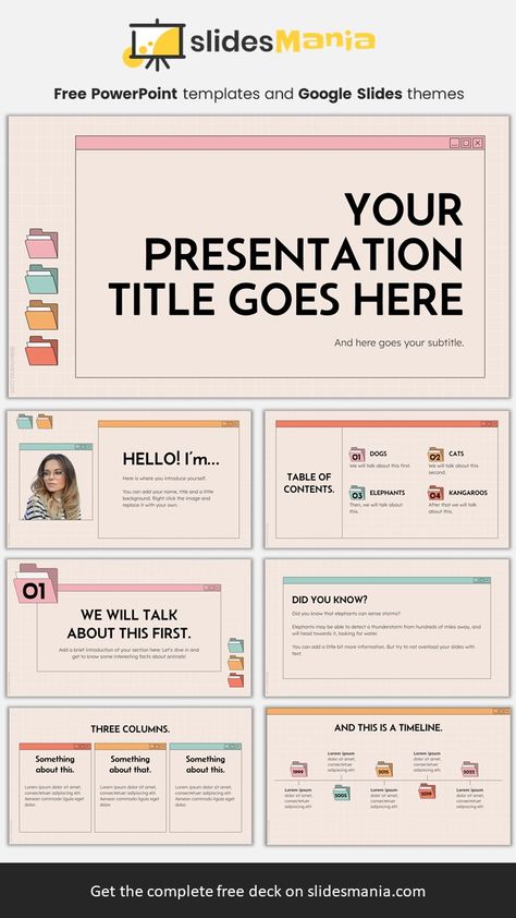 This free PowerPoint template and Google Slides theme features an OS interface with file folders with beautiful colors. It includes a simple certificate layout and an agenda slide for teachers. You can use this template for a techie professional development session, a social media presentation or a project proposal. I’ve used theme colors, so you just need to change the theme colors for this theme to match your brand. Google Slides Ideas, Google Slides Aesthetic, Google Slides Templates For Teachers, Slide Show Template, Free Google Slides Templates, Teacher Powerpoint, Social Media Presentation, Agenda Slide, Teacher Presentation