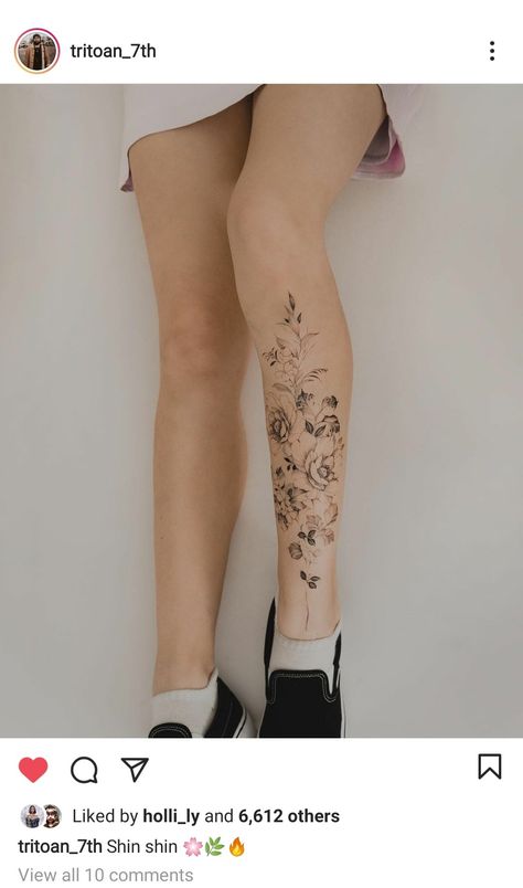 Floral Shin Tattoos For Women, Leg Sleeve Tattoos, Leg Tattoo Ideas, Lower Leg Tattoos, Shin Tattoo, Animal Tattoo Ideas, Branch Tattoo, Gorgeous Tattoos, Leg Tattoos Women