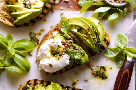 burrata avocado toast with basil vinaigrette - The Foul-Mouth Gourmet Easy Avocado Toast, Basil Vinaigrette, Avocado Toast Recipe, 140 Pounds, Delicious Breakfast, Toast Recipes, Goat Cheese, High Tea, Delicious Recipes