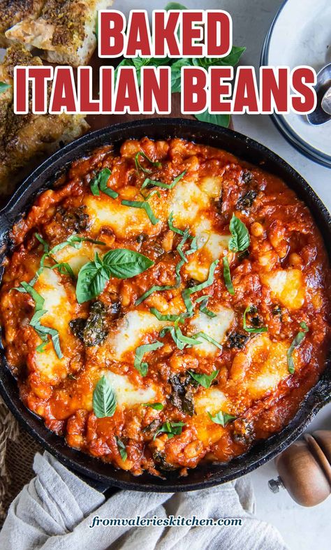 Cheesy Marinara Beans, Italian Lima Bean Recipes, Rustic Italian Recipes, Italian Baked Beans, Sautéed Greens, Canellini Beans, Easy Bean Recipes, Valerie Bertinelli Recipes, Beef Roll Ups