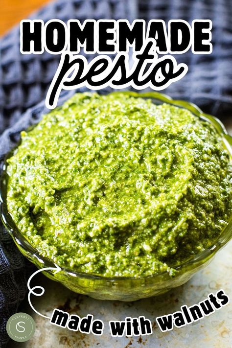 bowl of pesto on table Thanksgiving Starters, Delicious Breakfast Casserole, Homemade Pesto Sauce, Homemade Recipes Dessert, Walnut Pesto, Walnut Recipes, Crowd Pleasing Appetizers, Best Recipes Ever, Cold Appetizers