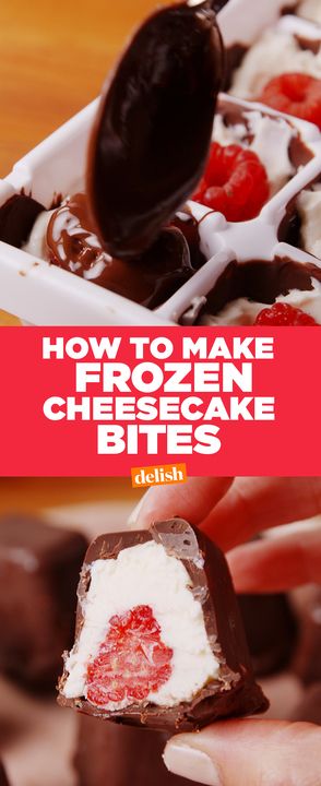 Bet you never knew your ice tray could do THIS. Get the recipe at Delish.com. Ice Cube Tray Desserts, Ice Cube Tray Recipes, Make Cheesecake, Weight Watcher Desserts, Cheesecake Bites Recipe, Frozen Cheesecake, How To Make Cheesecake, Cake Bites, Low Carb Dessert