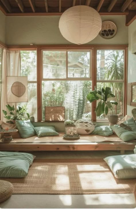 Retreat Space Ideas, Home Retreat Ideas, Zen Space Ideas, Meditation Area Ideas, Relax Room Ideas, Boho Meditation Space, Relaxation Room Ideas, Zen Living Room Ideas, Living Room Relaxing