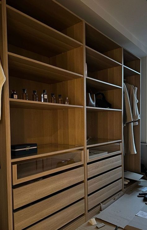 Wood Pax Wardrobe, Walk In Robe Shoe Storage, Scandi Wardrobe Ideas, Walk In Closet Ideas Narrow, Oak Walk In Closet, Pax Closet Ideas Walk In, Pax Wardrobe Layout, Pax Walk In Closet, Wood Dressing Room