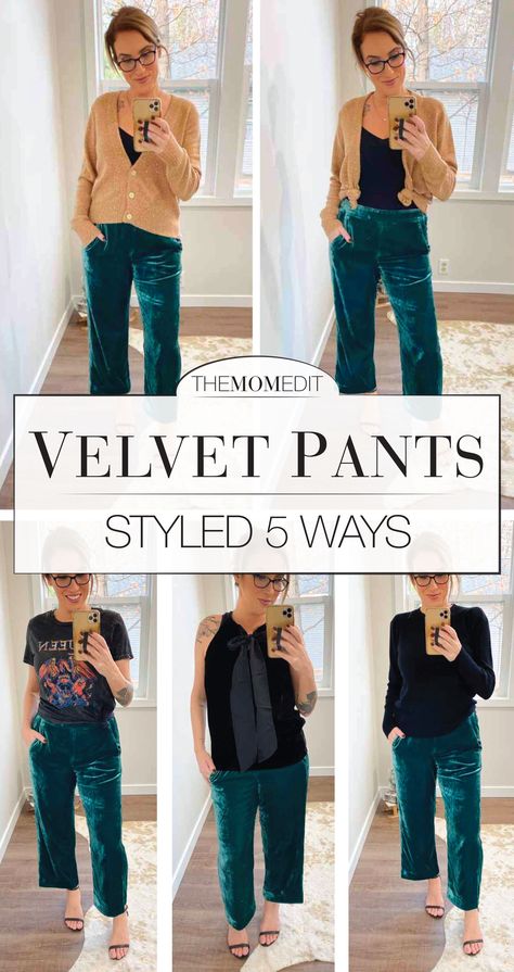 Fancy Pants: 5 Ways To Style Green Velvet For The Holidays (BONUS - They're Comfy) - The Mom Edit Velvet Pants Outfit Casual, Velvet Wide Leg Pants Outfit, Green Velvet Pants Outfits, Velvet Trousers Outfit, Velvet Pants Outfit, Green Velvet Pants, Fancy Sweater, Holiday Pants, Mom Edit