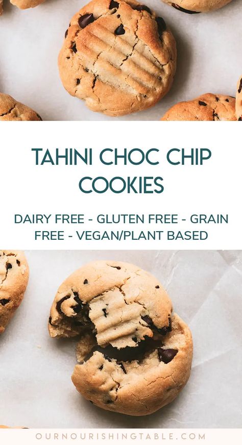 Nut Free Cookies Recipes, Tahini Cookie, Tahini Cookies Recipe, Vegan Cookie Recipe, Tahini Chocolate Chip Cookies, Chocolate Chip Cookies Gluten Free, Healthy Snaks, Tahini Chocolate, Baking Healthy