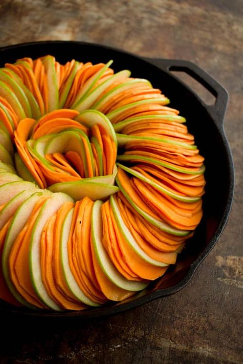 Sweet Potato Casserole Tian recipe by @beardandbonnet on www.beardandbonnet.com Mandolin Recipes, Food Dinner Recipes, Kitchen Apothecary, Vegetable Tian, Thanksgiving Dish, Food Game, Dessert Vegan, Sweet Potato Slices, Sweet Potato And Apple