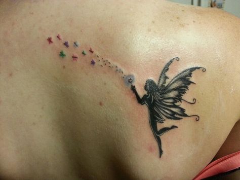 My first tattoo! Fairy with dandelion turning into butterflies Fairy Blowing Dandelion Tattoo, Fairy And Dandelion Tattoo, Fairy Dandelion Tattoo, Tinkerbell Tattoo, Dandelion Tattoos, Tattoo Fairy, Blowing Dandelion, Unicorn Tattoo, Children Names