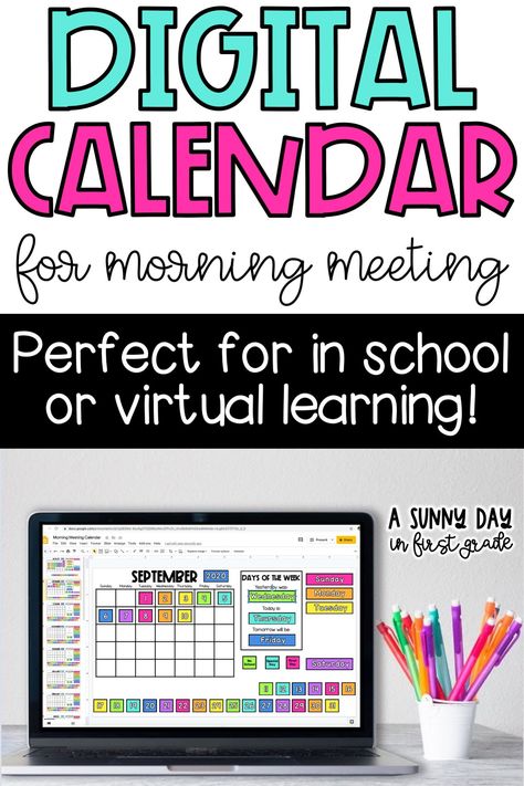 This interactive digital calendar is perfect for in school and distance learning! Kindergartener and first grade students will love the colorful, moveable pieces.  Perfect for morning meeting or your math block! First Grade Calendar, Kindergarten Calendar, Digital Learning Classroom, Kindergarten Anchor Charts, Morning Meeting Activities, Interactive Calendar, Calendar Math, Math Blocks, Classroom Calendar