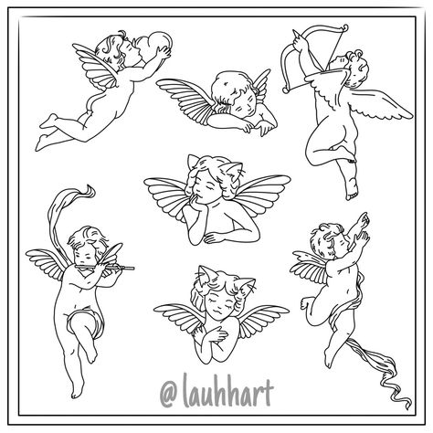 Angel Flash Tattoo Ideas, Angel Fine Line Tattoo, Angel Tattoo Flash, Fine Line Angel Tattoo, Angel Flash Tattoo, Cherubim Angels Tattoo, Valentines Flash, Cherub Angel Tattoo, Flash Sheets