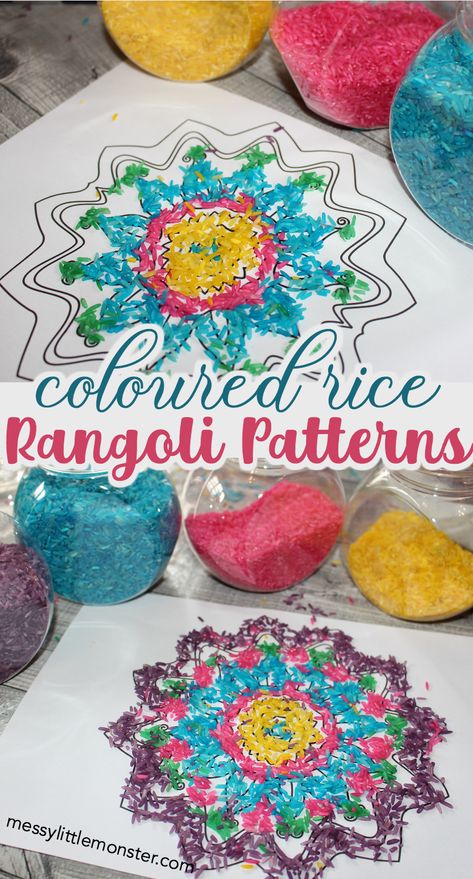 How to make a rangoli pattern with coloured rice. Diwali craft for kids, toddlers and preschoolers. Rangoli For Kids Diwali Craft, Coloured Rice Rangoli, Diwali Ideas For Toddlers, Diwali Toddler Activities, Rice Art For Kids, Diwali Preschool Crafts, Diwali School Activities, Diwali Classroom Activities, Kids Diwali Crafts