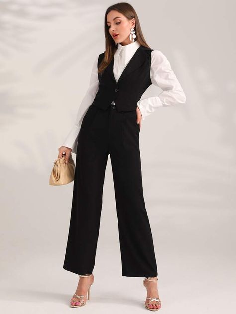 Free Returns ✓ Free Shipping✓. SHEIN Mulvari Solid Vest Blazer & Pants Set Without Shirt- Women Suit Sets at SHEIN. Coat Pant Outfits For Women, Black Vest Set Outfit, Sleeveless Waist Coat Outfit Women, Black Vest Office Outfit, Waist Coat And Pants Women, Shein Suits For Women, Waist Coat Outfit Women Casual, Vest Suits For Women Outfit, Black Waist Coat Outfit Women