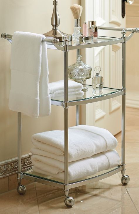 Lovely Cart Arranged In Elegant Spa Style Bathroom Rolling Cart, Bath Cart, Bathroom Trolley, Bathroom Cart, Barn Bathroom, Suite Master, Bathroom Furnishings, Metal Tree Wall Art, Bar Cart Decor