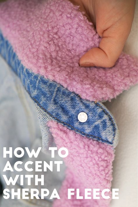 Add soft, cuddly sherpa fleece fabric to a denim jacket, using a ladder stitch, and make it your most FAB piece for the new season! Diy Sherpa Jacket, Fleece Jacket Diy, Diy Denim Jacket, Diy Jacket, Sherpa Coat, Ladder Stitch, A Ladder, Denim Diy, Sherpa Jacket