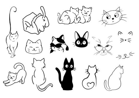 Cute Cat Tattoo Set Vector (EPS, SVG) Cat Small Tattoo Ideas, Cat Symbol Tattoo, Cute Simple Cat Tattoos, Small Cat Doodle, Cat Henna Designs, Cat Face Tattoo Simple, Cat Tattoo Designs Simple, Cat Tatoos Ideas, Cute Cat Tattoo Simple