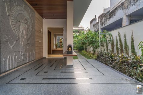 Valli Villa- Mix Of Tranquility And Vintage Style| Project INC - The Architects Diary Crockery Unit Ideas, Boundary Wall Designs, Modern Crockery Unit, Parking Tiles Design, Modern Crockery, Dining Room Glam, Floor Pattern Design, Compound Wall Design, Boundary Wall